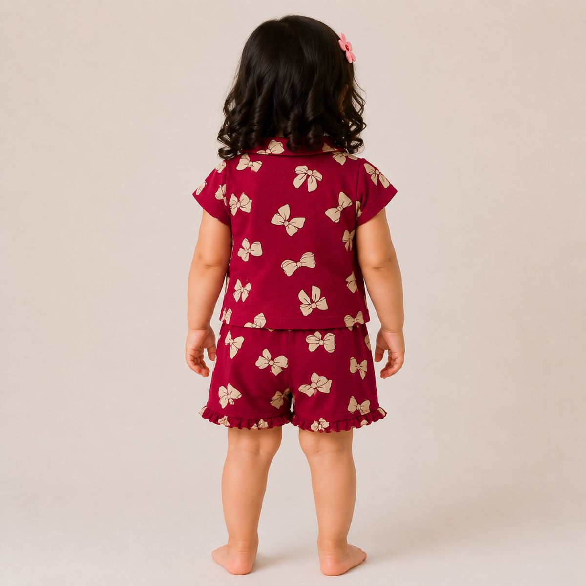 Baby Girls Maroon Bow Print Peter Pan Collar Top and Shorts Set
