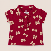 Baby Girls Maroon Bow Print Peter Pan Collar Top and Shorts Set