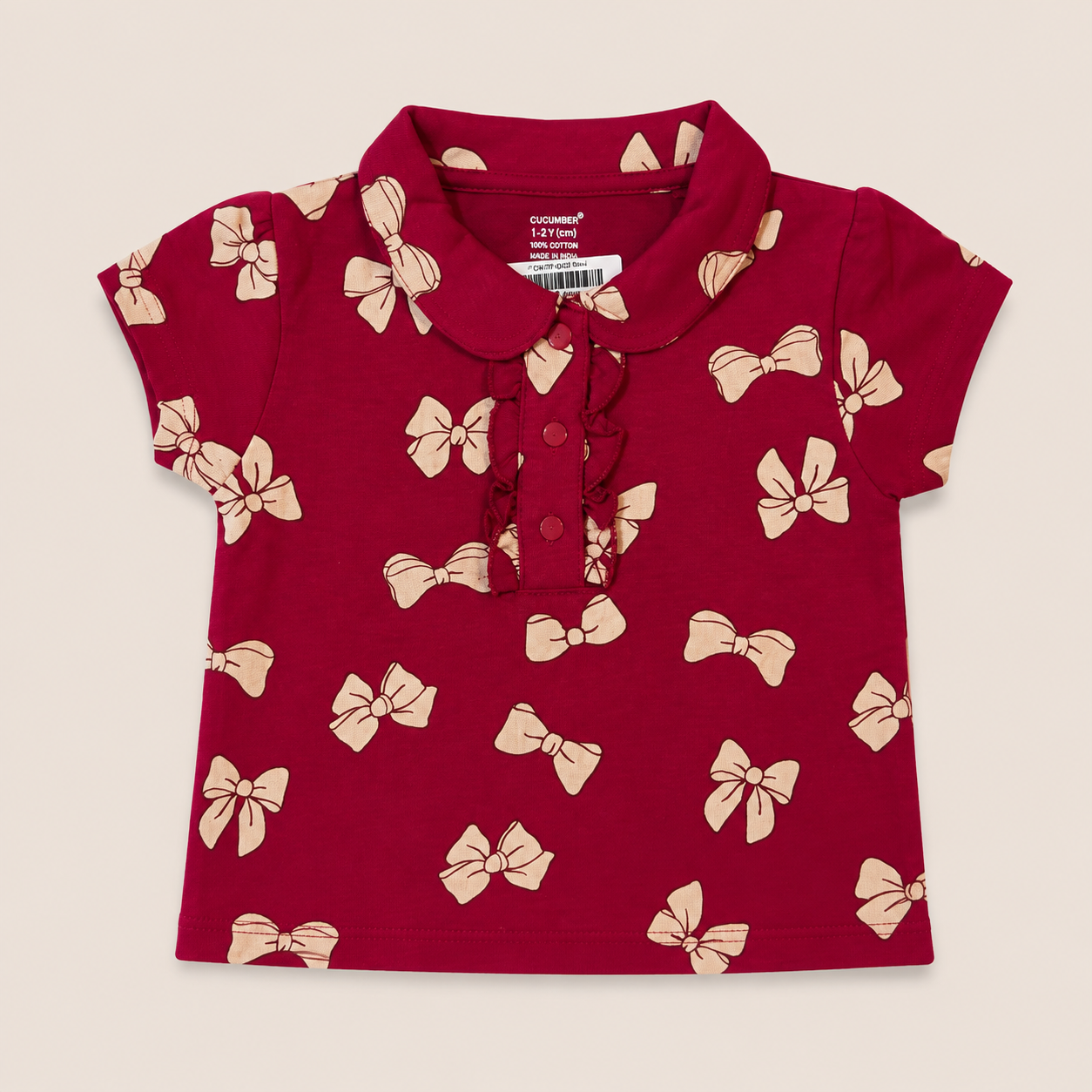 Baby Girls Maroon Bow Print Peter Pan Collar Top and Shorts Set