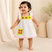 Baby Girls Peach Muslin Cotton Crochet Flower Accent Ruffle Dress