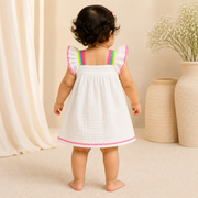 Baby Girls Peach Muslin Cotton Crochet Flower Accent Ruffle Dress