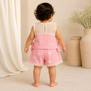 Baby Girls Sky Blue Daisy Embroidered Muslin Top and Lace Shorts Set