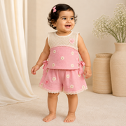 Baby Girls Sky Blue Daisy Embroidered Muslin Top and Lace Shorts Set