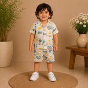Boys Tropical Stamp Print Short Sleeve Shirt and Shorts Co-ord Set