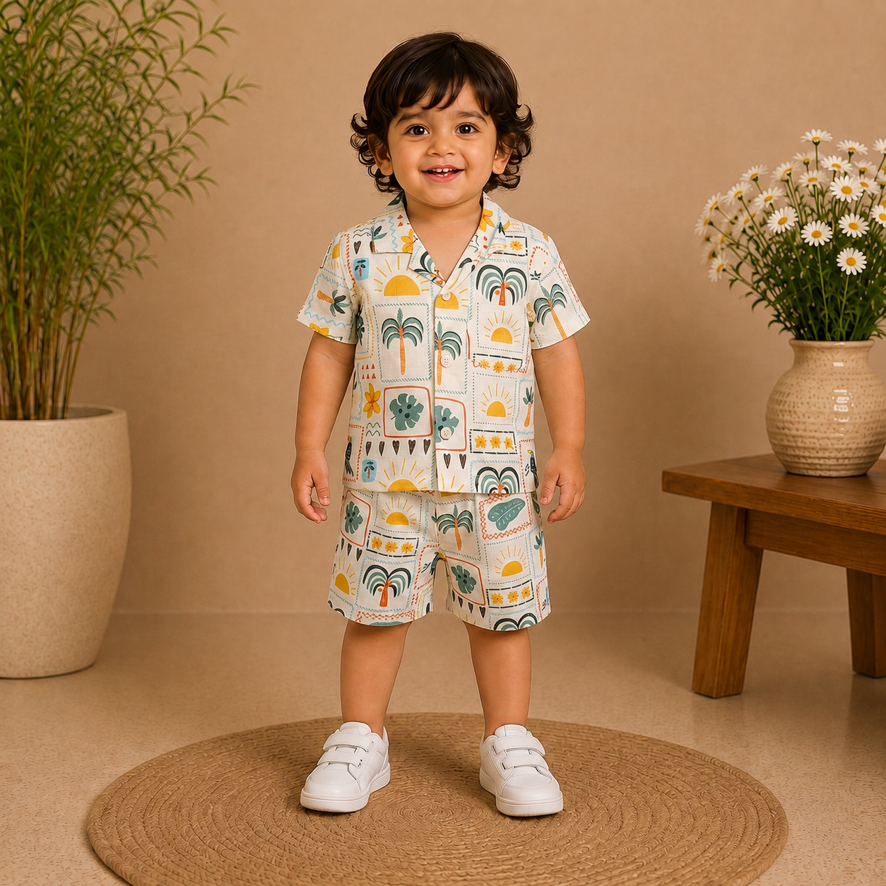 Boys Tropical Stamp Print Short Sleeve Shirt and Shorts Co-ord Set
