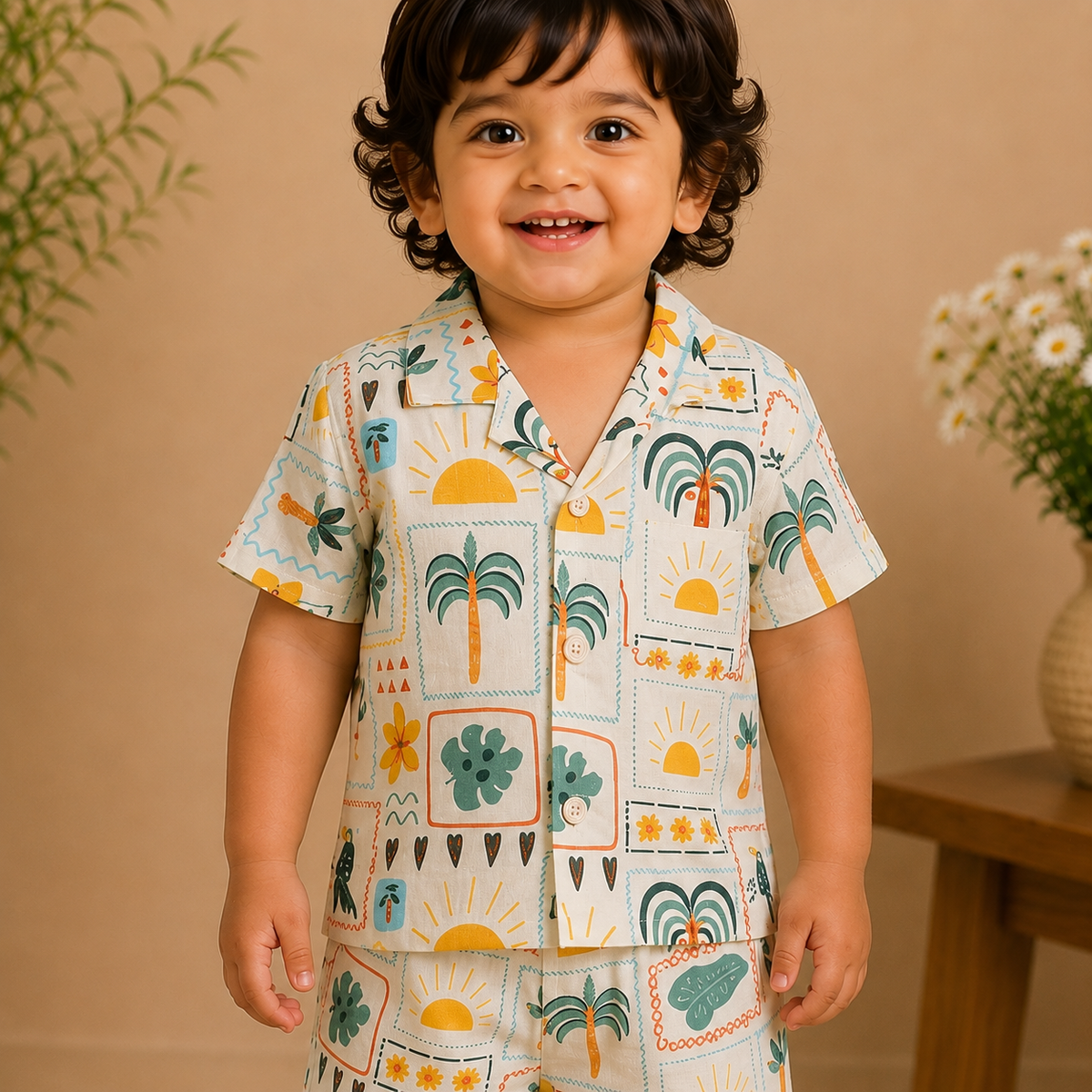 Boys Tropical Stamp Print Short Sleeve Shirt and Shorts Co-ord Set