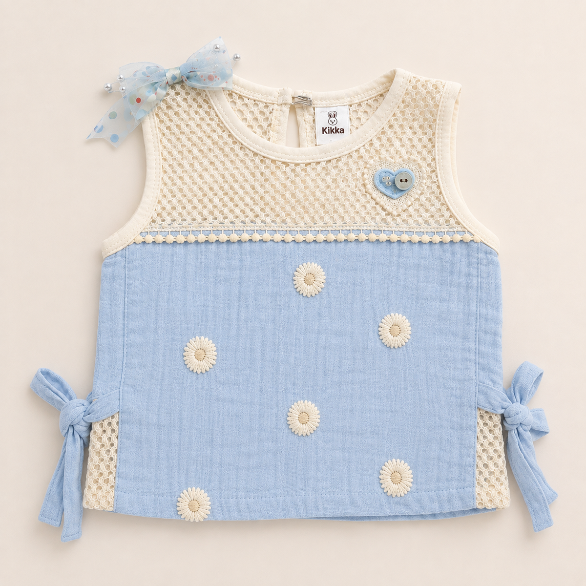 Baby Girls Sky Blue Daisy Embroidered Muslin Top and Lace Shorts Set