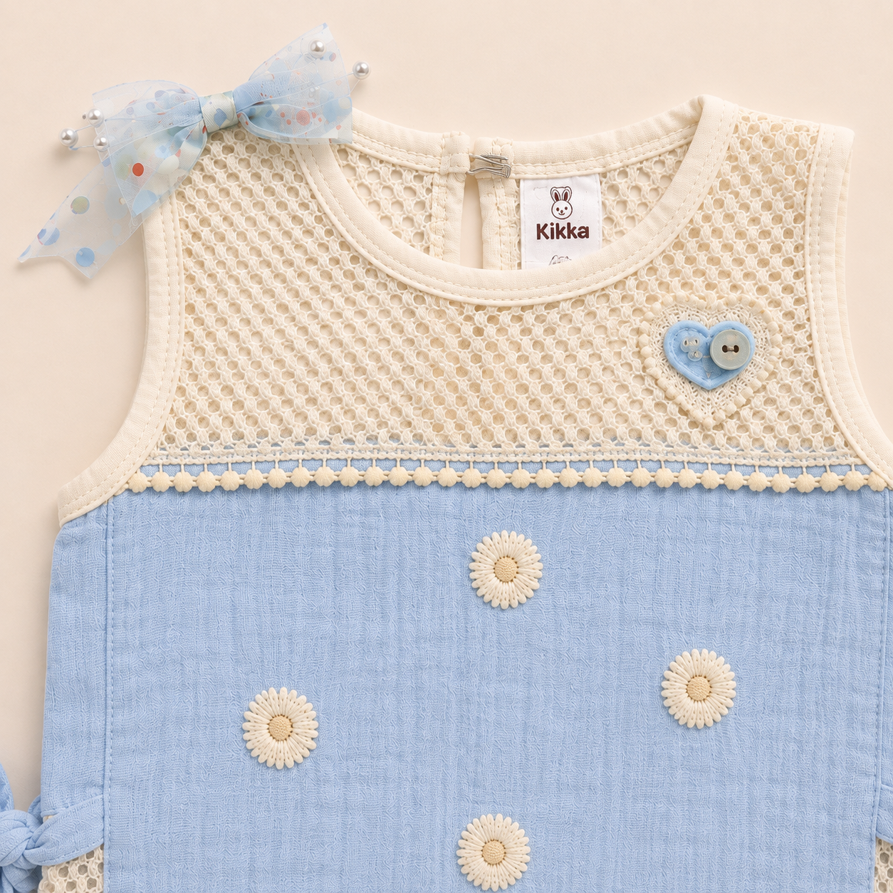 Baby Girls Sky Blue Daisy Embroidered Muslin Top and Lace Shorts Set