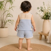Baby Girls Sky Blue Daisy Embroidered Muslin Top and Lace Shorts Set