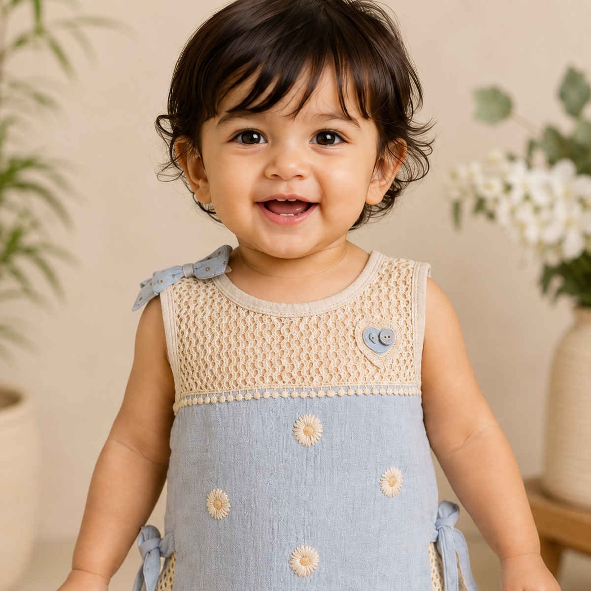 Baby Girls Sky Blue Daisy Embroidered Muslin Top and Lace Shorts Set