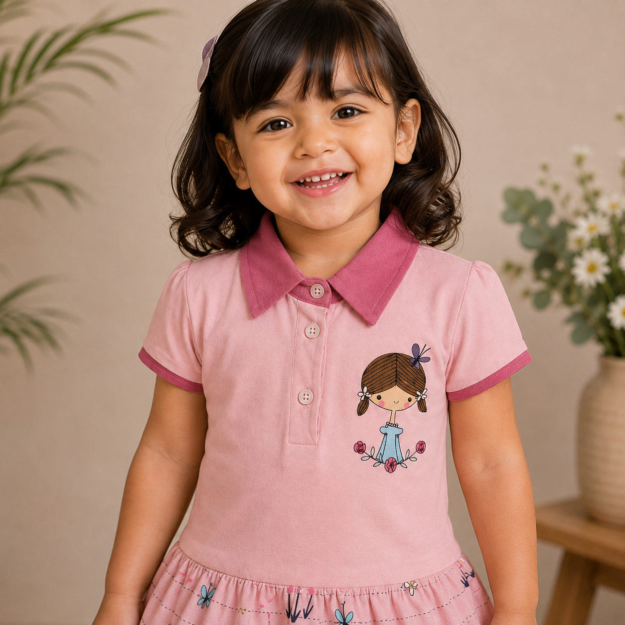 Baby Girls Dusty Pink Little Girl Graphic Tiered Polo Dress